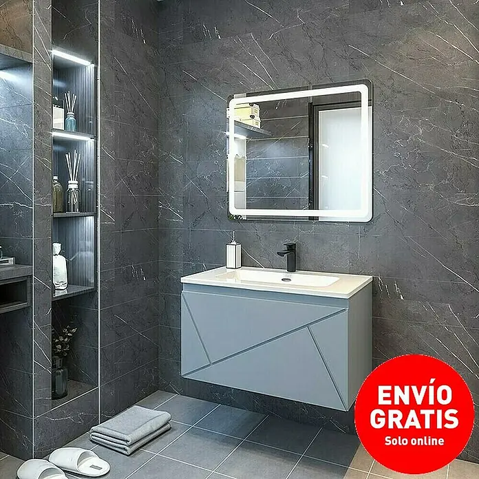 Disbain Conjunto de mueble de baño Lira - Ancho: 80 cm, Azul soho, 3 pzs. - Elegante lavabo de baño con elegante mueble bajo y espejo iluminado, perfecto para baños modernos.