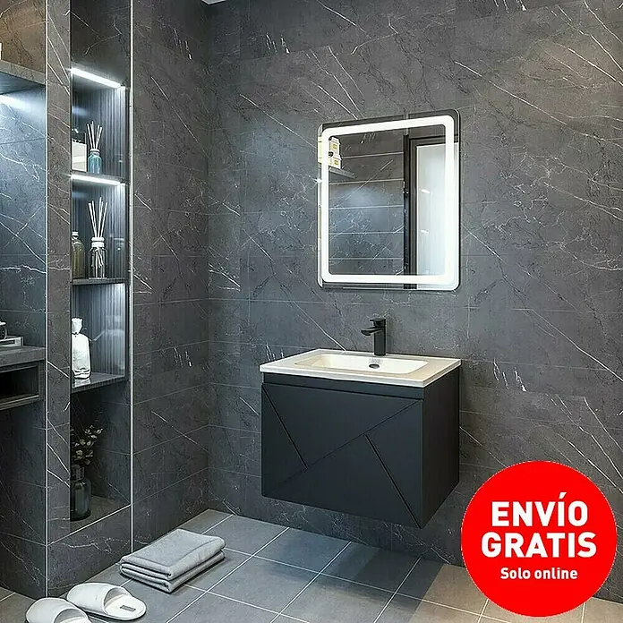 Disbain Conjunto de mueble de baño Lira - Ancho: 60 cm, Negro, 3 pzs. - Elegante lavabo de baño con un diseño moderno, suspendido, en un elegante gris. Incluye espejo y compartimento de almacenamiento.