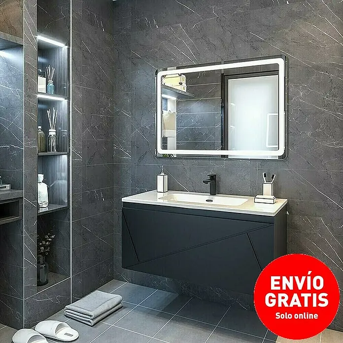 Disbain Conjunto de mueble de baño Lira - Ancho: 100 cm, Negro, 3 pzs. - Elegante lavabo de baño con diseño moderno y espejo iluminado con LED. El esquema de colores oscuros añade un ambiente sofisticado a la habitación.