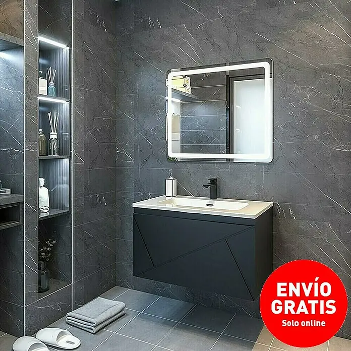 Disbain Conjunto de mueble de baño Lira - Ancho: 80 cm, Negro, 3 pzs. - Interior de baño elegante con mueble de lavabo y espejo iluminado sobre una pared de mármol gris.