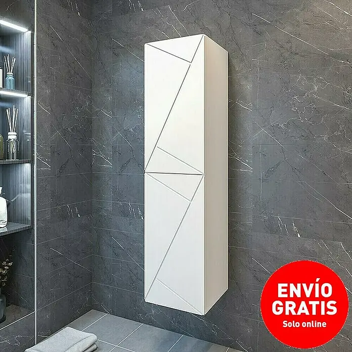 Disbain Armario colgante de baño Lira - L x An x Al: 35 x 35 x 140 cm, Blanco - En la imagen, un armario de baño blanco y delgado con detalles geométricos montado en una pared gris.