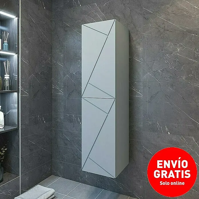 Disbain Armario colgante de baño Lira - L x An x Al: 35 x 35 x 140 cm, Azul soho - Baño moderno con un mueble de pared alto y estrecho en gris con diseños geométricos.