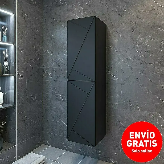 Disbain Armario colgante de baño Lira - L x An x Al: 35 x 35 x 140 cm, Negro - Moderno mueble de baño suspendido en negro mate con diseño geométrico para un interior elegante.