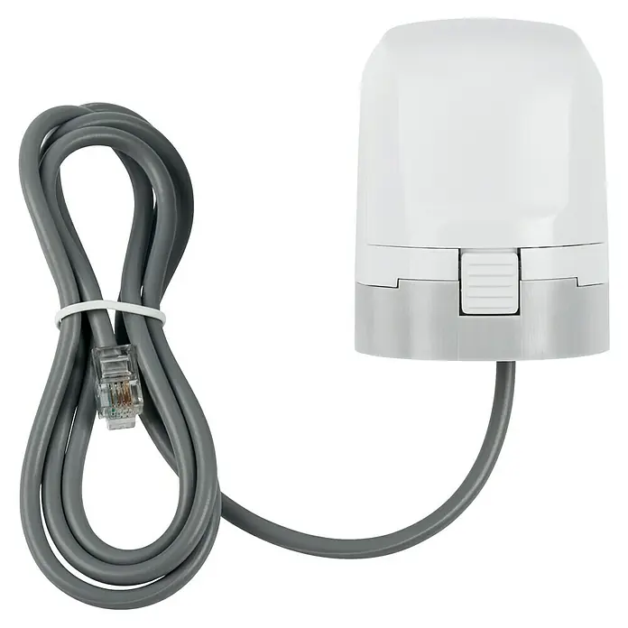 Homematic IP Set Fußbodenheizung HmIP-FALMOT-C12 mit Steuerzentrale Access Point 2 - Schwarz - Nahaufnahme eines elektronischen Heizkörperthermostats mit RJ45-Anschluss, ideal für die Temperaturregelung im Haus.