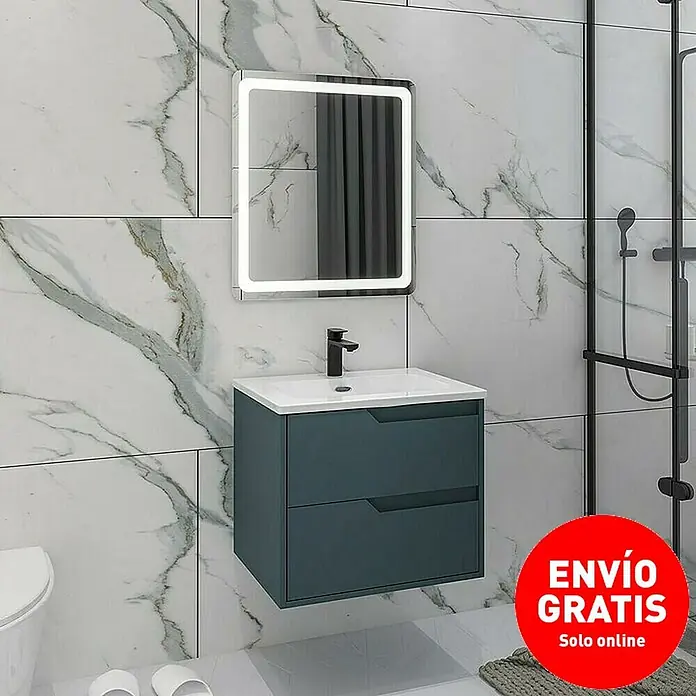 Disbain Conjunto de mueble de baño Casiopea - Ancho: 60 cm, Azul manhatan, 3 pzs. - Un moderno mueble de baño con espejo LED y dos cajones en color verde azulado, frente a una pared de azulejos de mármol.