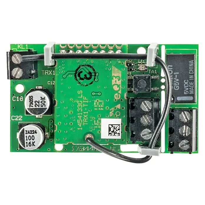Homematic IP Schaltcontroller HmIP-PCBS - 2,8 x 4,8 x 2,1 cm, Schaltspannung max.: 30 V - Grüne Platine mit Bauteilen wie Kondensatoren, Relais und Klemmen, verbunden durch Kabel.
