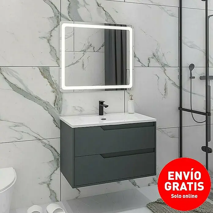 Disbain Conjunto de mueble de baño Casiopea - Ancho: 80 cm, Verde foresta, 3 pzs. - Mueble de baño gris con dos cajones, lavabo blanco y espejo iluminado sobre azulejos de mármol para un baño moderno.