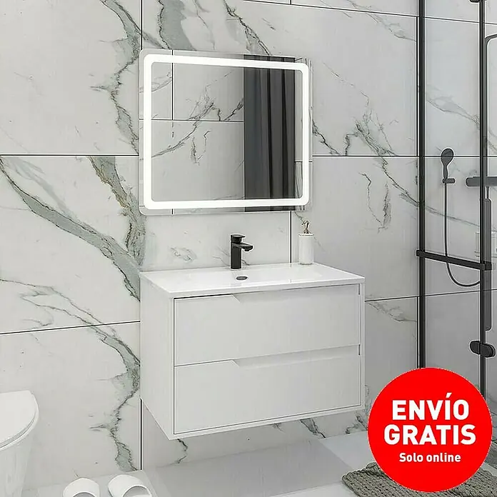 Disbain Conjunto de mueble de baño Casiopea - Ancho: 80 cm, Blanco, 3 pzs. - Imagen de un mueble de baño blanco con espejo y dos cajones frente a una pared de mármol.