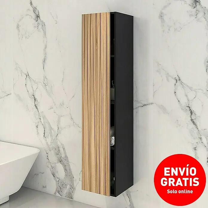 Disbain Armario colgante de baño Vega - L x An x Al: 35 x 35 x 160 cm, Negro/Bambú - Elegante armario colgante en madera y negro. Ideal para baños modernos, ofrece almacenamiento práctico con una estética elegante.