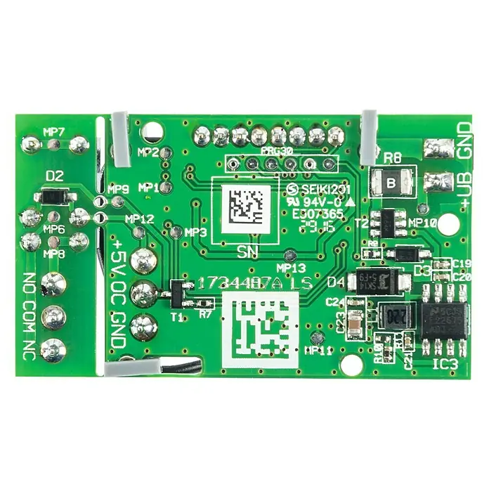 Homematic IP Schaltcontroller HmIP-PCBS - 2,8 x 4,8 x 2,1 cm, Schaltspannung max.: 30 V - Grüne Leiterplatte mit elektronischen Bauteilen und Beschriftungen, die verschiedene Anschlüsse und Komponenten hervorheben.