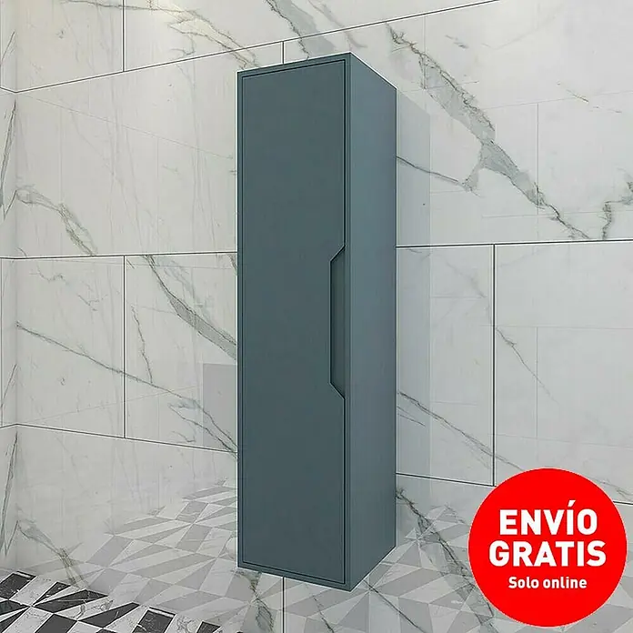 Disbain Armario colgante de baño Casiopea - L x An x Al: 35 x 35 x 140 cm, Azul manhatan - Mueble de baño gris con diseño elegante, sobre baldosas de mármol y suelo ajedrezado.