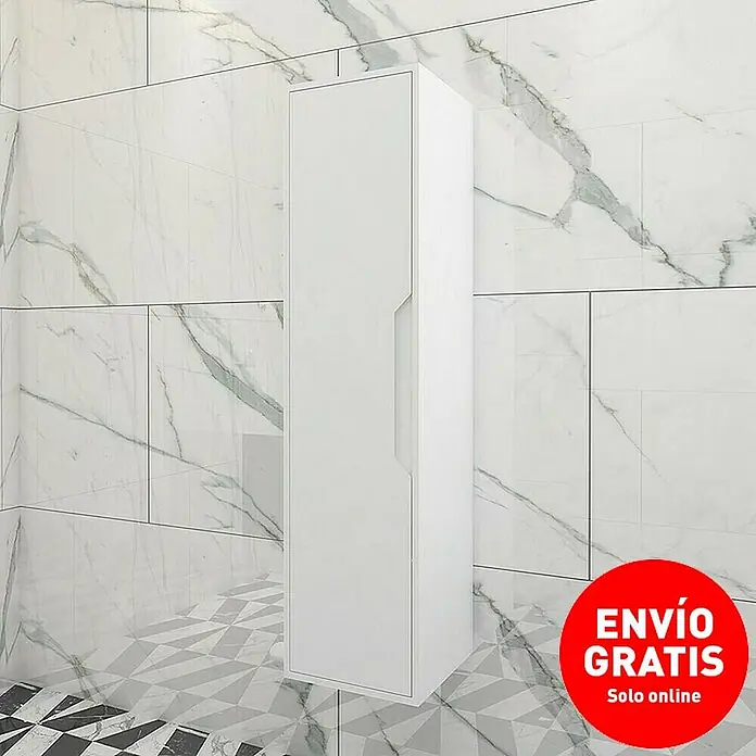 Disbain Armario colgante de baño Casiopea - L x An x Al: 35 x 35 x 140 cm, Blanco - Un elegante armario de baño blanco destaca sobre una pared de mármol, ofreciendo almacenamiento y diseño moderno. Envío gratis online.
