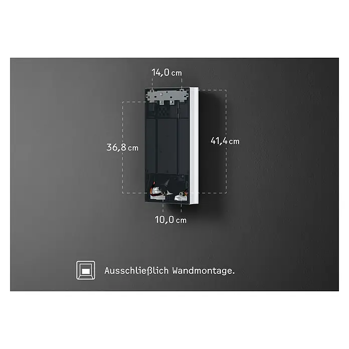 Stiebel Eltron Durchlauferhitzer DHB 18 ST Trend 25 A - 18 kW, Elektronisch, Geschlossen - Produktabbildung mit Maßangaben, die die Wandmontage des Produkts verdeutlicht. Die Maße sind 14,0 cm, 41,4 cm, 36,8 cm und 10,0 cm.
