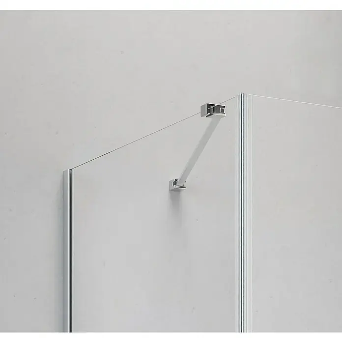 Camargue Level 5 Eckdusche - L x B x H: 90 x 80 x 200 cm, Unbeschichtet, Silber, Glasstärke: 5 mm, DIN Anschlag: Rechts - Detailaufnahme einer modernen Duschkabine mit silbernen Beschlägen und klarem Glas. Elegantes Design für das Badezimmer.