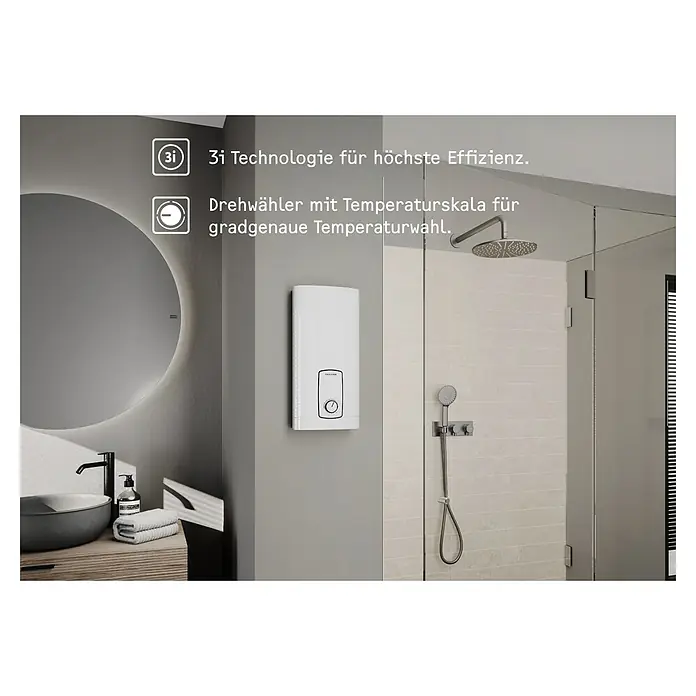 Stiebel Eltron Durchlauferhitzer DHB 18 ST Trend 25 A - 18 kW, Elektronisch, Geschlossen - Ein modernes Badezimmer mit einem vollelektronischen Durchlauferhitzer von Stiebel Eltron, der 3i-Technologie und präzise Temperaturwahl bietet.