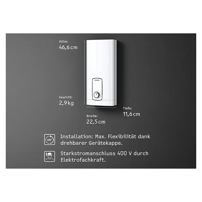 Stiebel Eltron Durchlauferhitzer DHB 18 ST Trend 25 A - 18 kW, Elektronisch, Geschlossen - Produktdarstellung: Ein kompakter Warmwasserspeicher mit den Maßen 46,6 cm Höhe, 22,5 cm Breite und 11,6 cm Tiefe.