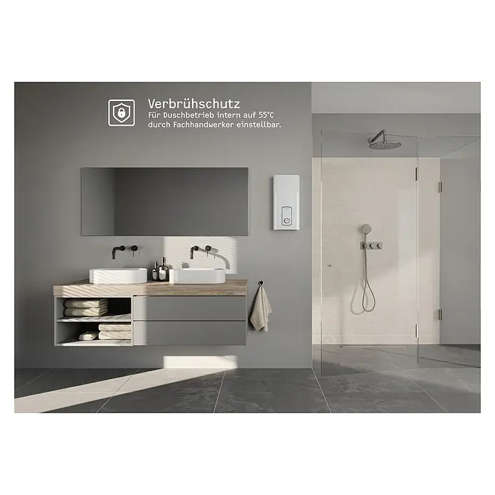 Stiebel Eltron Durchlauferhitzer DHB 18 ST Trend 25 A - 18 kW, Elektronisch, Geschlossen - Moderne Badezimmeransicht mit Waschtisch, Spiegel, Warmwasserbereiter und begehbarer Dusche.
