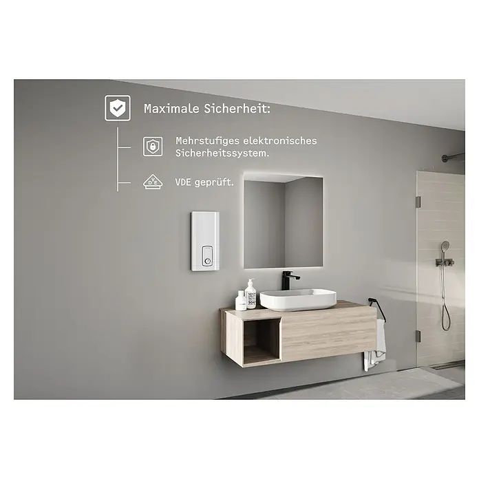 Stiebel Eltron Durchlauferhitzer DHB 18 ST Trend 25 A - 18 kW, Elektronisch, Geschlossen - Produktabbildung eines Badezimmers mit elektronischem Durchlauferhitzer an der Wand und Waschtisch mit Spiegel.