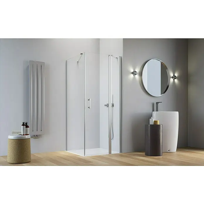 Camargue Level 5 Eckdusche - L x B x H: 90 x 80 x 200 cm, Unbeschichtet, Silber, Glasstärke: 5 mm, DIN Anschlag: Rechts - Elegantes Badezimmer-Interieur mit moderner Duschkabine, Waschtisch mit Spiegel und stilvollem Heizkörper, das ein luxuriöses Ambiente schafft.