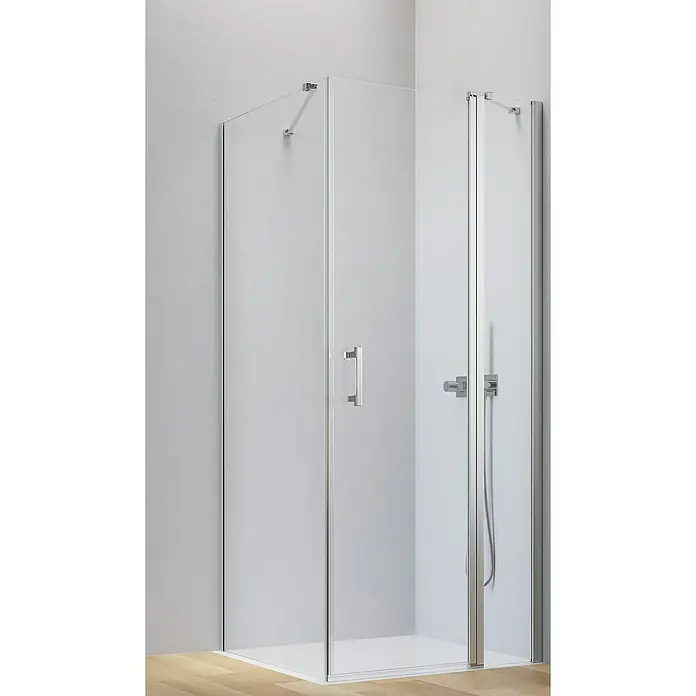 Camargue Level 5 Eckdusche - L x B x H: 90 x 80 x 200 cm, Unbeschichtet, Silber, Glasstärke: 5 mm, DIN Anschlag: Rechts - Diese Aufnahme zeigt eine moderne Duschkabine mit klaren Linien und Chrombeschlägen, die ein minimalistisches Badezimmerdesign ergänzt.