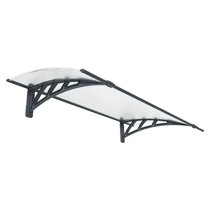 Palram – Canopia Marquesina para puerta Neo - An x Pr x Al: 136,5 x 85,5 x 30 cm - Imagen de un toldo de puerta gris con un panel de policarbonato transparente que ofrece protección contra el viento y las inclemencias del tiempo.