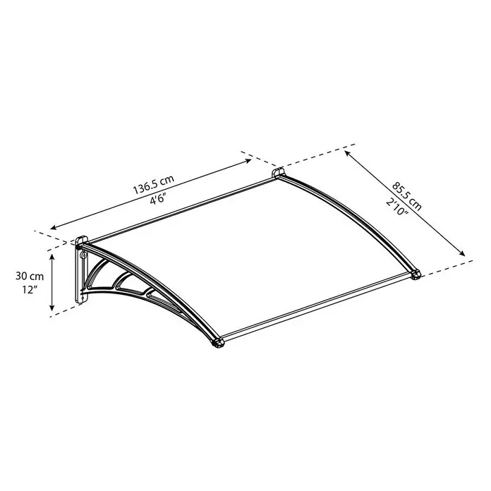 Palram – Canopia Marquesina para puerta Neo - An x Pr x Al: 136,5 x 85,5 x 30 cm - Ilustración de un dosel de puerta con dimensiones de 136,5 cm de ancho, 85,5 cm de profundidad y 30 cm de alto.