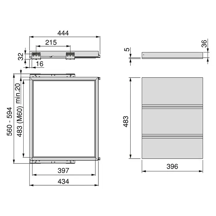 Emuca Ablagefach Hack - Breitenverstellung: 560 mm - 594 mm, Grau - Technische Zeichnung eines Schubladensystems mit genauen Maßangaben für Installation und Design.