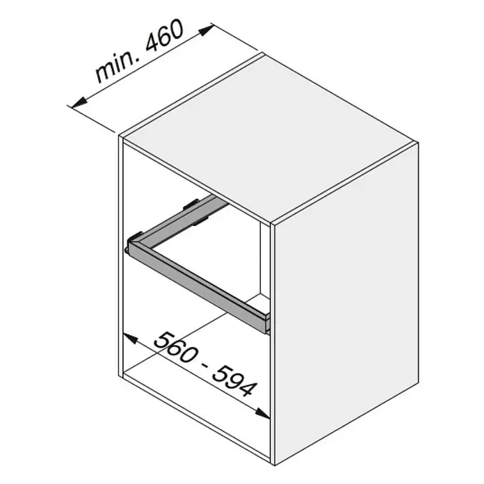 Emuca Ablagefach Hack - Breitenverstellung: 560 mm - 594 mm, Grau - Abbildung eines Schranks mit Schubladeneinbau und Maßangaben für die Mindesttiefe und Breite des Einbaus.