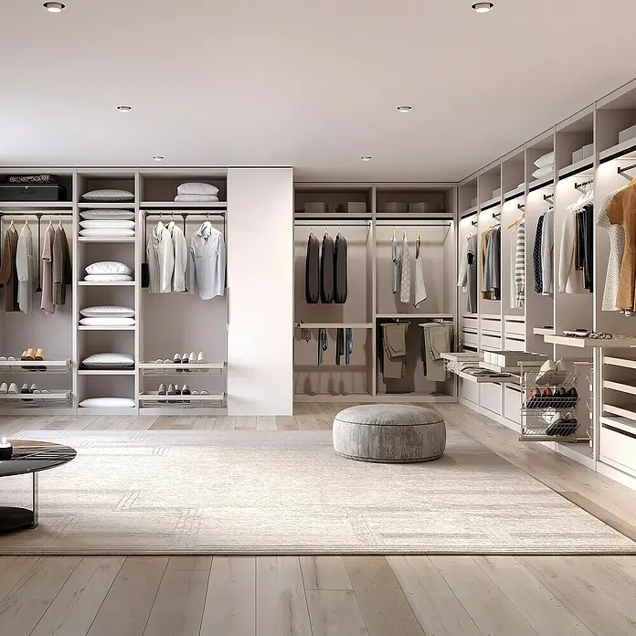 Emuca Ablagefach Hack - Breitenverstellung: 560 mm - 594 mm, Grau - Begehbarer Kleiderschrank mit Ablageflächen, Hängevorrichtungen und Regalen für Kleidung, Schuhe und Accessoires. Elegantes Design mit viel Stauraum.