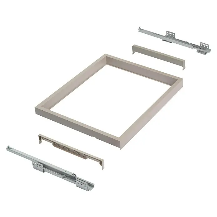 Emuca Ablagefach Hack - Breitenverstellung: 560 mm - 594 mm, Grau - Explosionsansicht eines beigen Schubladenelements mit Führungen und Eckverbindern, ideal für DIY-Möbelprojekte.