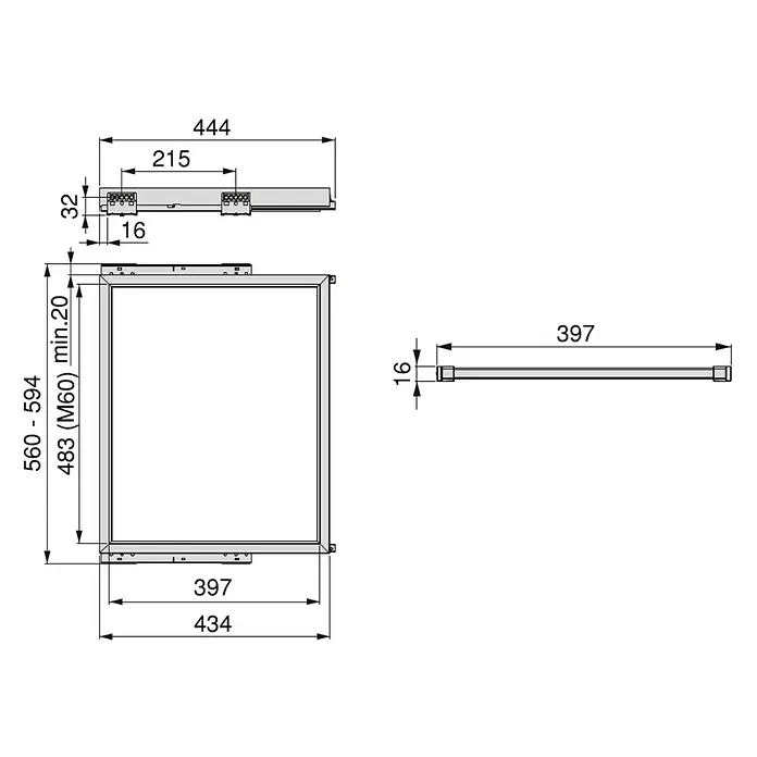 Emuca Hosenhalter Hack - Breitenverstellung: 560 mm - 594 mm, Steingrau - Produktabbildung mit Maßangaben. Der Schrank hat eine Breite von 397 mm und eine Höhe von 560-594 mm. Die Tiefe beträgt 444 mm.