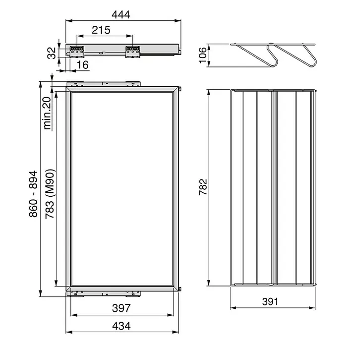 Emuca Schuhauszug - Breitenverstellung: 860 mm - 894 mm, Steingrau - Technische Zeichnung eines Küchenschranks mit Maßen, inklusive Schublade und Details zu Höhe, Breite und Tiefe für die Planung.