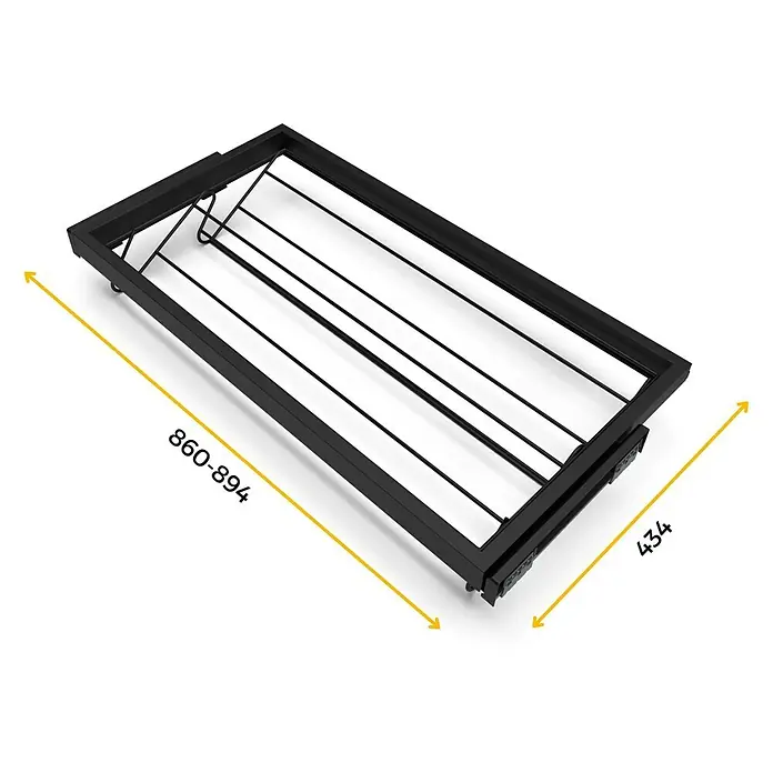 Emuca Schuhauszug - Breitenverstellung: 860 mm - 894 mm, Tiefschwarz - Produktansicht: Schwarzer, rechteckiger Auszug mit den Maßen 860-894 x 434 mm, ideal für Möbel.