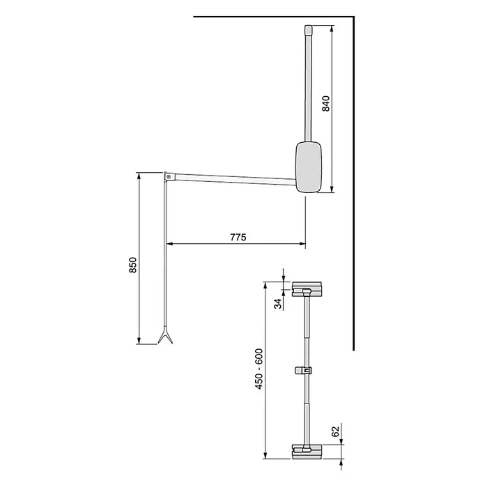 Emuca Colgador para ropa Sling - Ajuste de la anchura: 450 mm - 600 mm, Blanco, Carga límite balda: 12 kg - Dibujo técnico detallado del elevador de leña con dimensiones para instalación y uso, ideal para planos de construcción.
