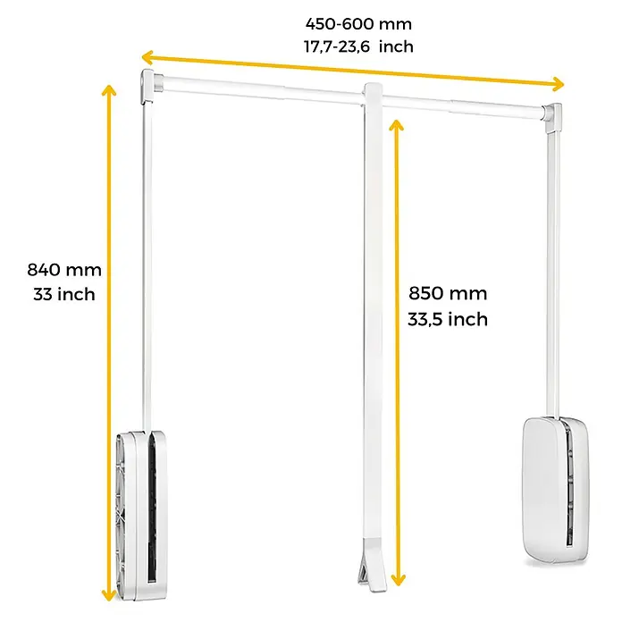 Emuca Colgador para ropa Sling - Ajuste de la anchura: 450 mm - 600 mm, Blanco, Carga límite balda: 12 kg - Vista detallada de un sistema de elevación de armario, incluyendo medidas de longitud y anchura en milímetros y pulgadas.
