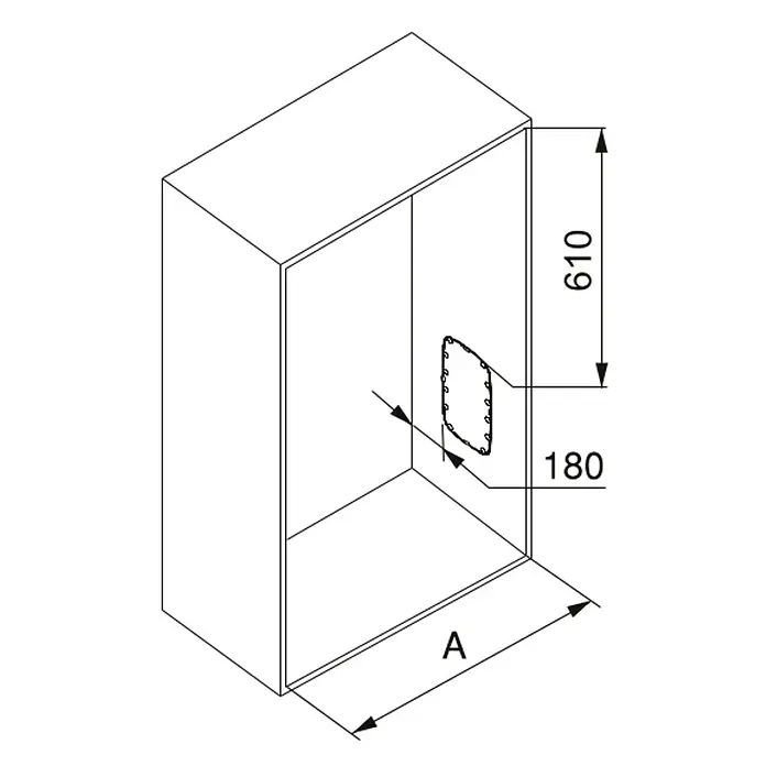 Emuca Colgador para ropa Sling - Ajuste de la anchura: 830 mm - 1.150 mm, Blanco, Carga límite balda: 12 kg - Esquema de un armario, dimensionado 610, 180 y A. El diagrama detalla las dimensiones del armario.