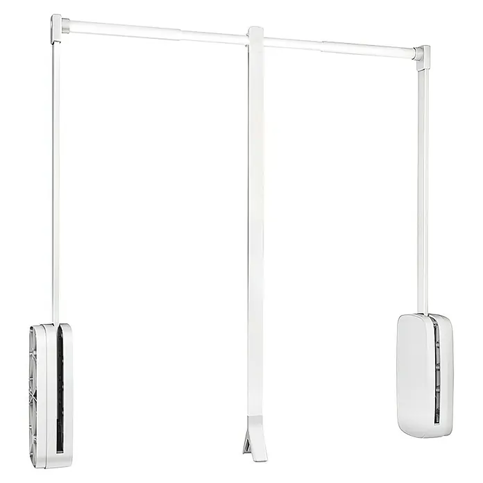 Emuca Colgador para ropa Sling - Ajuste de la anchura: 830 mm - 1.150 mm, Blanco, Carga límite balda: 12 kg - Imagen de un perchero blanco ajustable, ideal para organizar y exhibir prendas en tiendas o entornos domésticos.