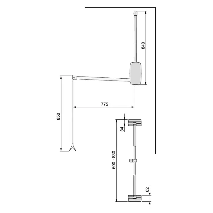 Emuca Colgador para ropa Sling - Ajuste de la anchura: 600 mm - 830 mm, Blanco, Carga límite balda: 12 kg - Imagen del producto con detalles dimensionales.