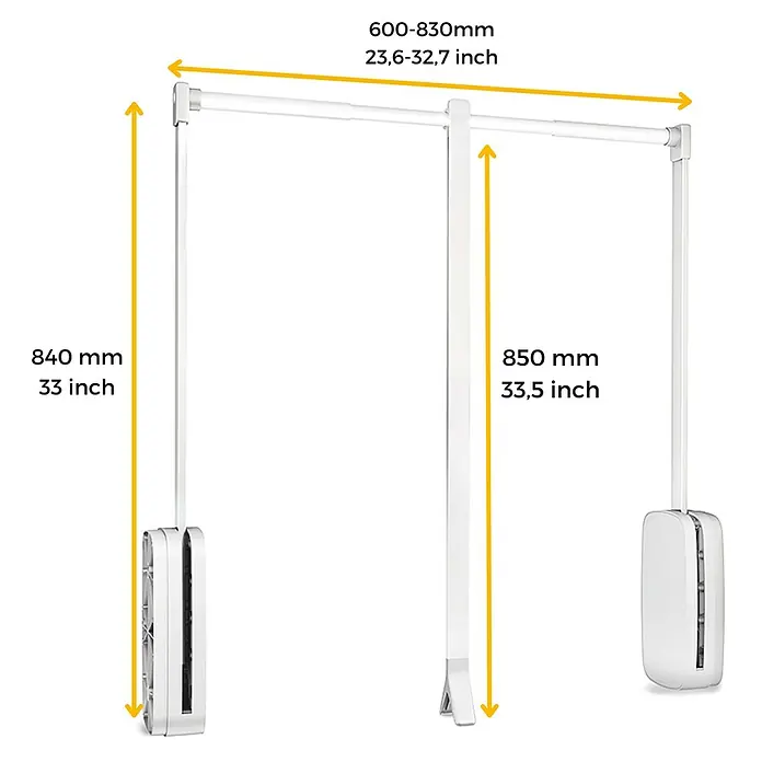 Emuca Colgador para ropa Sling - Ajuste de la anchura: 600 mm - 830 mm, Blanco, Carga límite balda: 12 kg - Imagen de un armario con medidas en milímetros y pulgadas, especificando su tamaño y dimensiones.