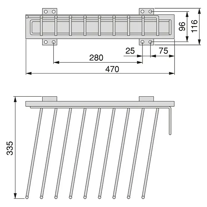 Emuca Hosenhalter Self - L x B x H: 335 x 470 x 116 mm, Rechts, Stahl, Herausziehbar - Produktdiagramm eines Geschirrtrockners mit Bemaßungen. Ideal für die Küchenplanung.