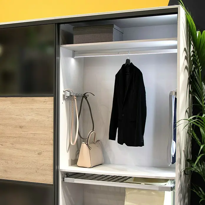 Emuca Mantelhaken Ausziehbar - L x B x H: 44,7 x 8,5 x 8 cm, Silber, Aluminium - Einbauschrank mit Innenbeleuchtung, ausgestattet mit Kleidung, Handtasche und Accessoires, die ordentlich verstaut sind.
