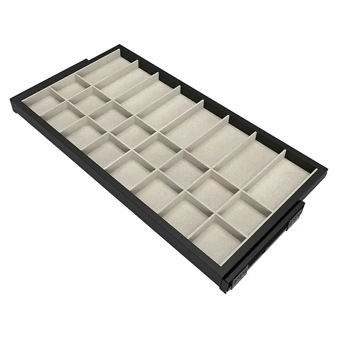 Emuca Schrank-Organisator Hack - Breitenverstellung: 860 mm - 894 mm, Schwarz/Grau - Schwarzer Schmuckkasten-Organizer mit mehreren Fächern und hellem Stoff ausgekleidet, um den Schmuck ordentlich zu halten.