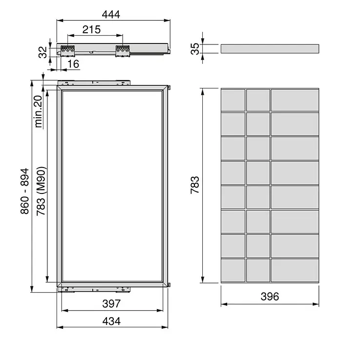 Emuca Schrank-Organisator Hack - Breitenverstellung: 860 mm - 894 mm, Schwarz/Grau - Technische Zeichnung eines Schubladenelements mit Maßen, Ansichten von Seite und Vorderseite.