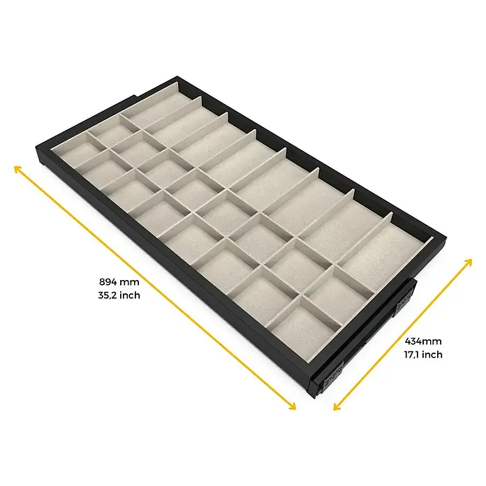 Emuca Schrank-Organisator Hack - Breitenverstellung: 860 mm - 894 mm, Schwarz/Grau - Schubladeneinsatz mit 24 Fächern, ideal zur Aufbewahrung und Organisation von Schmuck und Accessoires mit den Maßen 894 x 434mm.