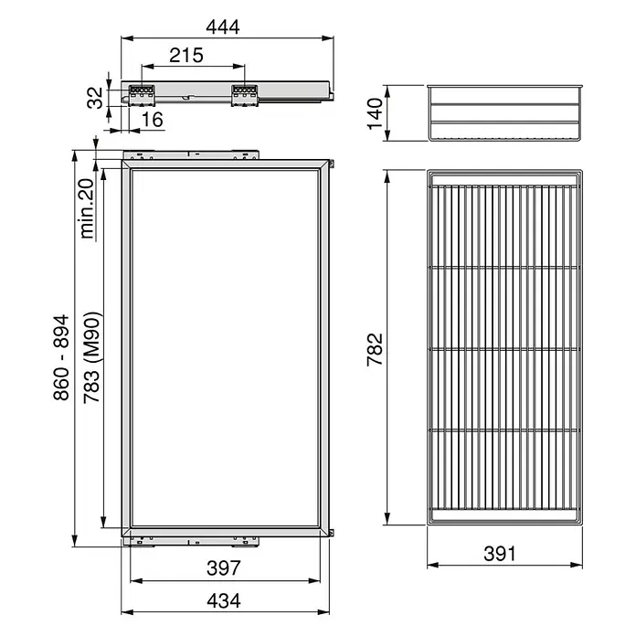 Emuca Drahtkorb Hack - Breitenverstellung: 860 mm - 894 mm, Schwarz - Produktzeichnung eines Schranks mit Bemaßungen für Montage und Einbau, zur detaillierten Planung.