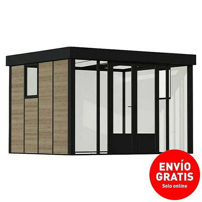 Palram – Canopia Caseta de jardín Copenhaguen - Medidas ext. (An x Pr): 351 x 287 cm, Plástico, Negro - Imagen de una caseta de jardín moderna con paneles de madera y grandes superficies de vidrio, que permiten la entrada de mucha luz y crean un espacio elegante.
