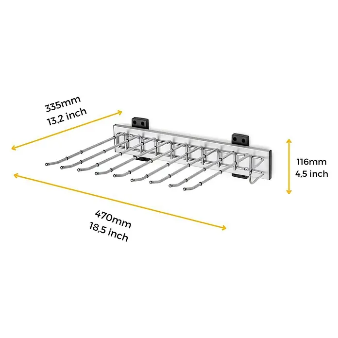 Emuca Hosenhalter Self - L x B x H: 335 x 470 x 116 mm, Rechts, Stahl, Herausziehbar - Produktabmessungen des ausziehbaren Hosenbügels mit Angaben zu Länge, Breite und Höhe in Millimetern und Zoll.