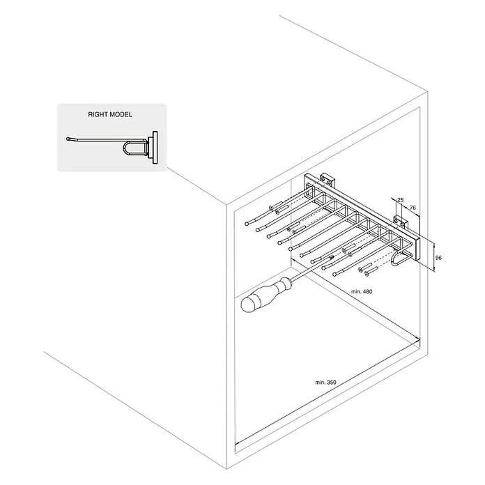 Emuca Hosenhalter Self - L x B x H: 335 x 470 x 116 mm, Rechts, Stahl, Herausziehbar - Eine detaillierte Darstellung eines ausziehbaren Hosenhalters, der in einem Schrank montiert ist, mit Maßangaben für die Installation.