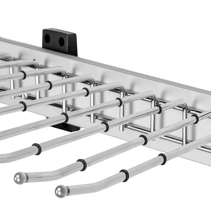Emuca Hosenhalter Self - L x B x H: 335 x 470 x 116 mm, Rechts, Stahl, Herausziehbar - Ein ausziehbarer Krawattenhalter aus Metall mit einer glänzenden Oberfläche und mehreren Haltestangen für eine ordentliche Aufbewahrung.