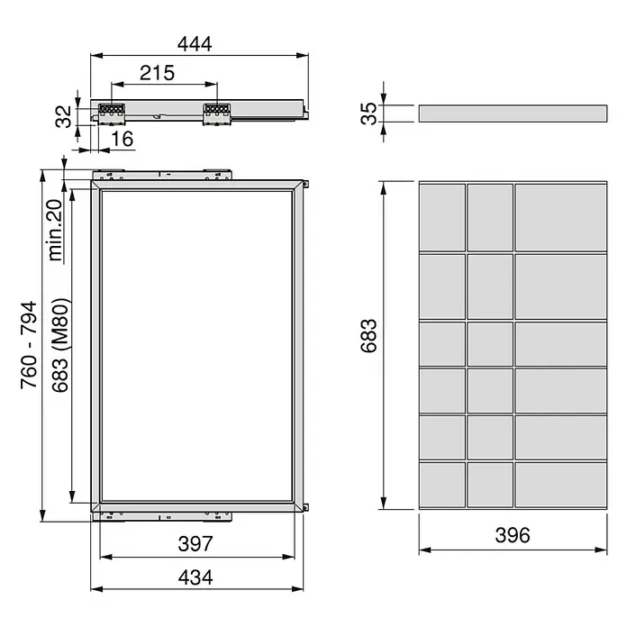 Emuca Schrank-Organisator Hack - Breitenverstellung: 760 mm - 794 mm, Steingrau - Technische Zeichnung eines Schranks mit Maßen, Draufsicht, Seitenansicht und Frontansicht.